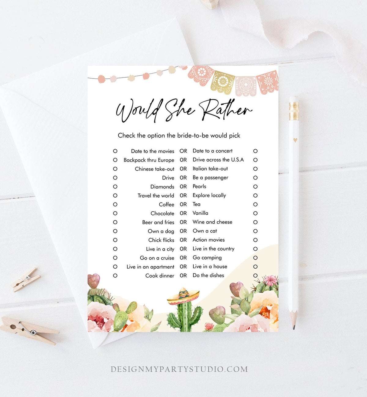 Editable Would She Rather Bridal Shower Game Cactus Fiesta Mexican Coed Shower Succulent Wedding Activity Corjl Template Printable 0419