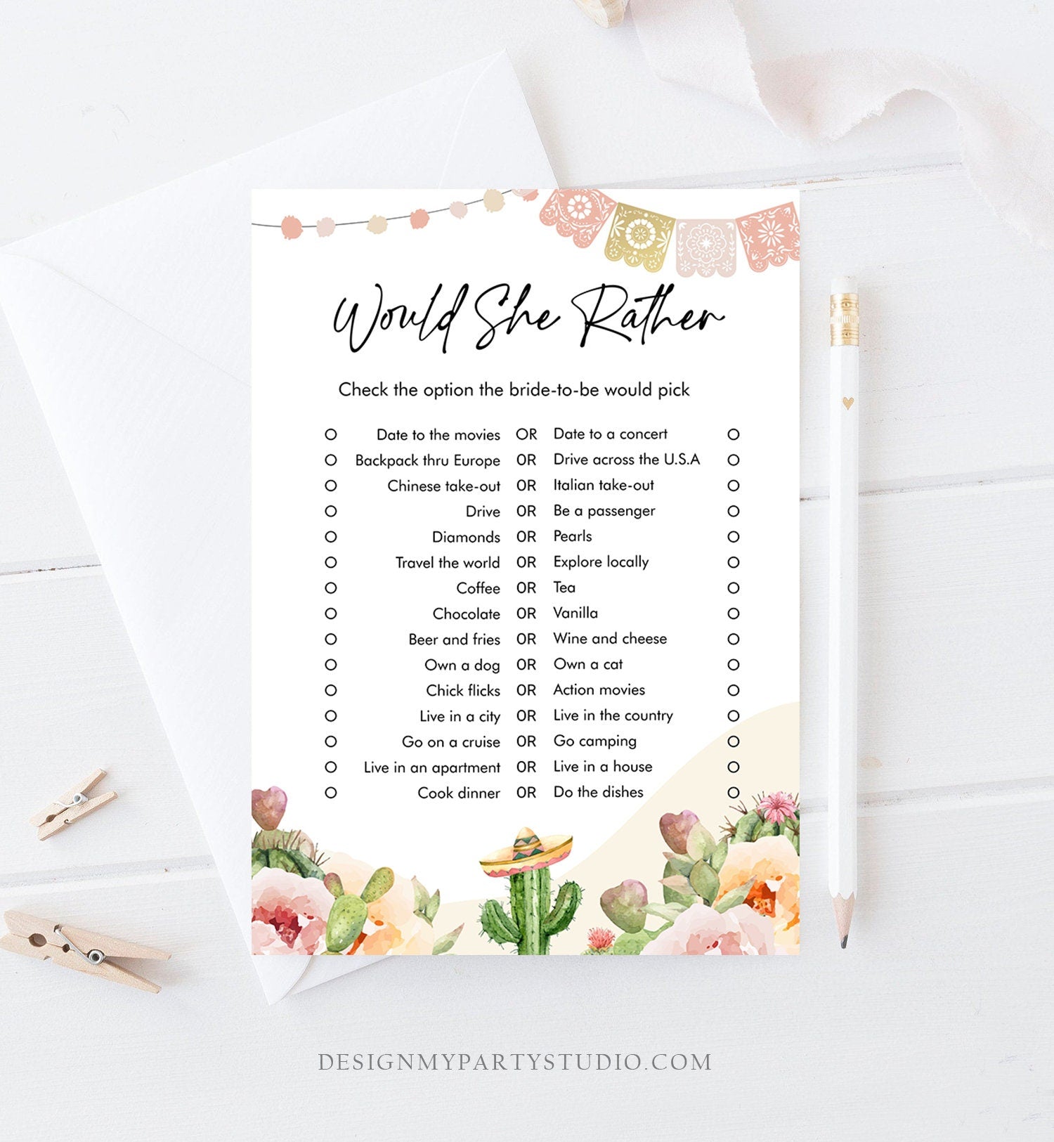 Editable Would She Rather Bridal Shower Game Cactus Fiesta Mexican Coed Shower Succulent Wedding Activity Corjl Template Printable 0419