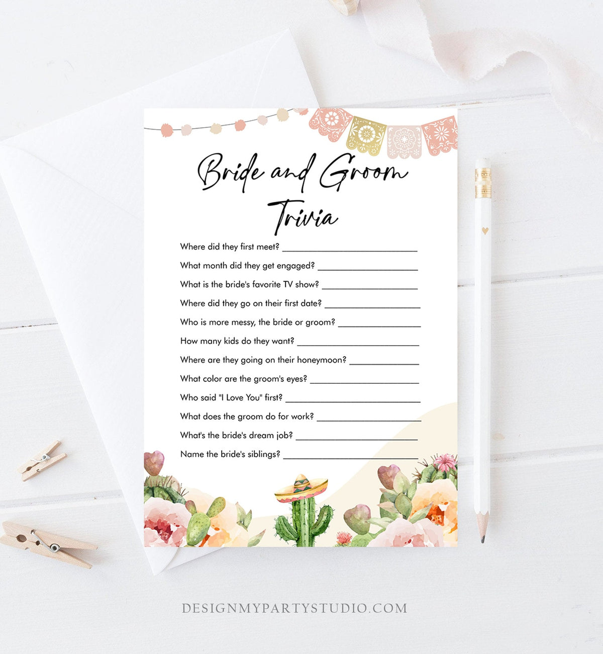 Editable Bride and Groom Trivia Bridal Shower Game Cactus Fiesta Mexican Coed Shower Games Wedding Activity Corjl Template Printable 0419