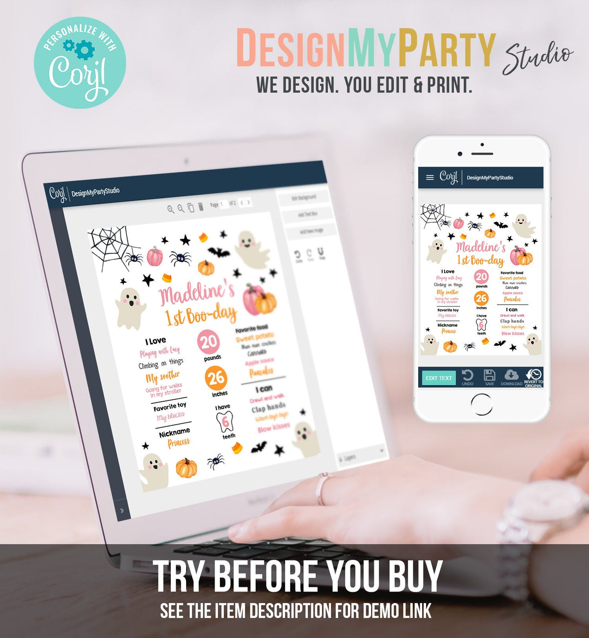 Editable Halloween Birthday Milestones Sign Ghost Spooky One 1st Birthday Party Spooktacular Pink First Stats Template Printable Corjl 0418