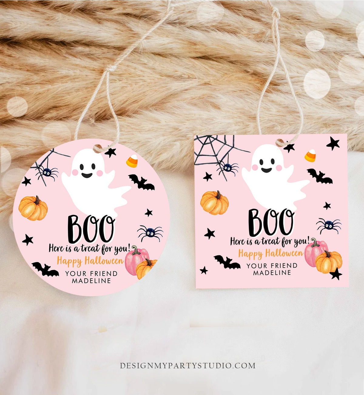 Editable Halloween Favor Tags Boo Gift Tag Costume Party Treat Favor Sticker Birthday Party Pink Download Printable Template Corjl 0418 0261