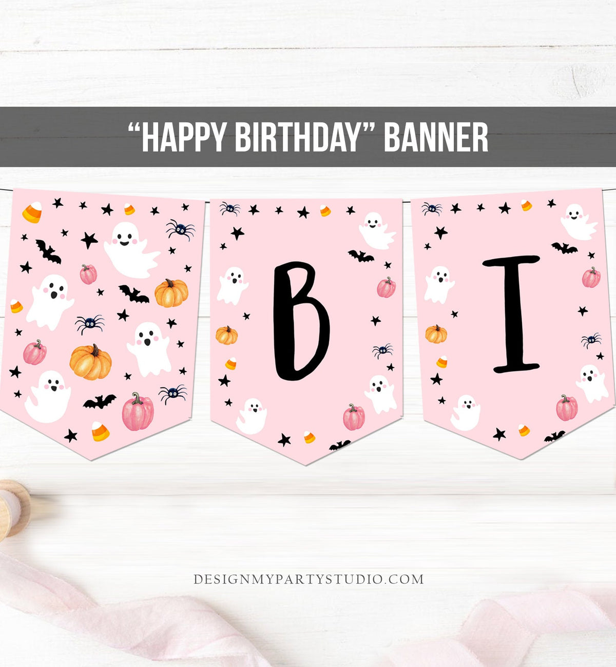 Happy Birthday Banner Halloween Birthday Banner Pink Ghost Birthday Party Halloween Decor Girl Pink 1st Download PRINTABLE DIGITAL DIY 0418