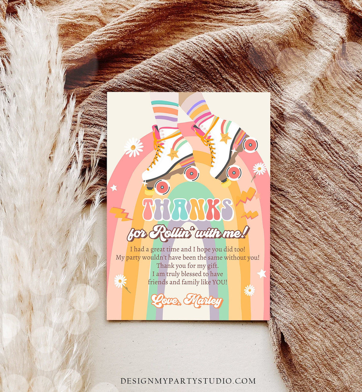 Editable Retro Roller Skate Birthday Thank You Card Let&#39;s Roll Skating Kids Rainbow 70&#39;s Skate Thanks Download Template Corjl Digital 0435