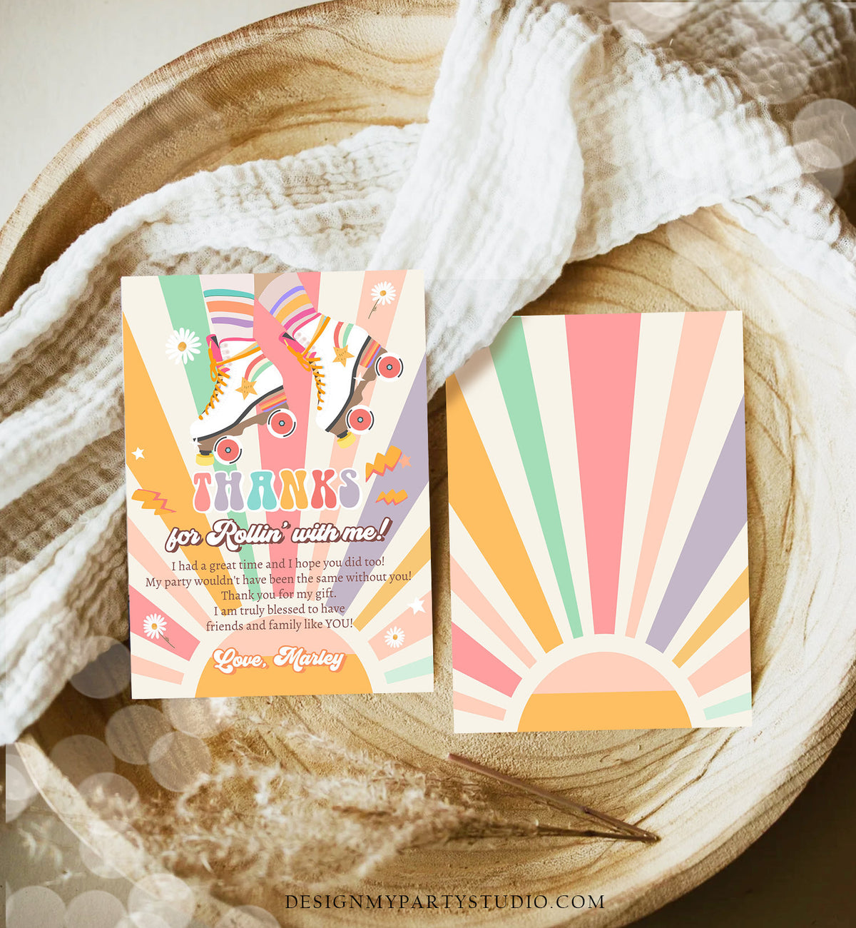 Editable Retro Roller Skate Birthday Thank You Card Let&#39;s Roll Skating Rainbow 70&#39;s Skate Thanks Download Corjl Template Printable 0435