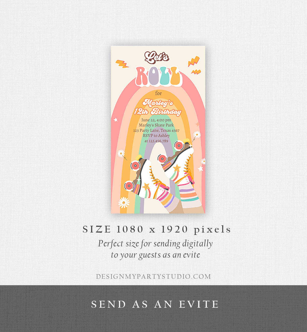 Editable Retro Roller Skating Birthday Party Evite Groovy Skating Kids Flower Power Rainbow Electronic Digital Invitation Template 0435