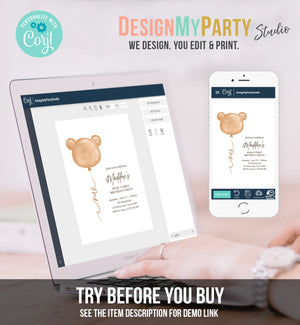 Editable Bear Birthday Invitation Bear Balloon Modern Teddy Bears Picnic Gender Neutral Boho Printable Template Instant Download Corjl 0439