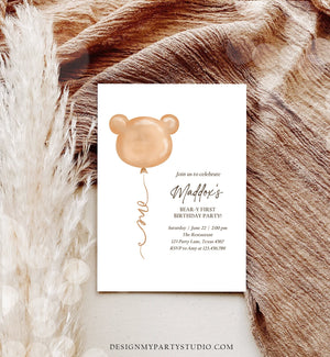 Editable Bear Birthday Invitation Bear Balloon Modern Teddy Bears Picnic Gender Neutral Boho Printable Template Instant Download Corjl 0439