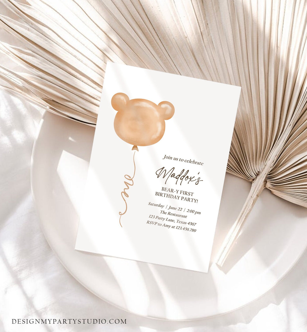 Editable Bear Birthday Invitation Bear Balloon Modern Teddy Bears Picnic Gender Neutral Boho Printable Template Instant Download Corjl 0439