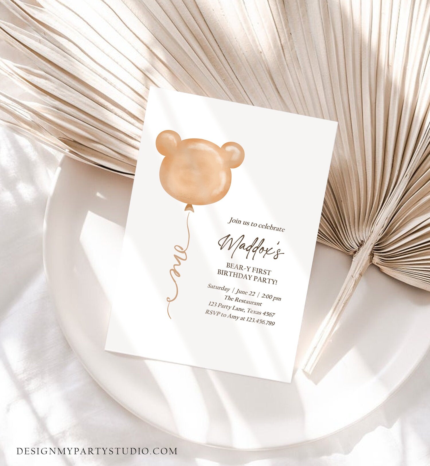 Editable Bear Birthday Invitation Bear Balloon Modern Teddy Bears Picnic Gender Neutral Boho Printable Template Instant Download Corjl 0439