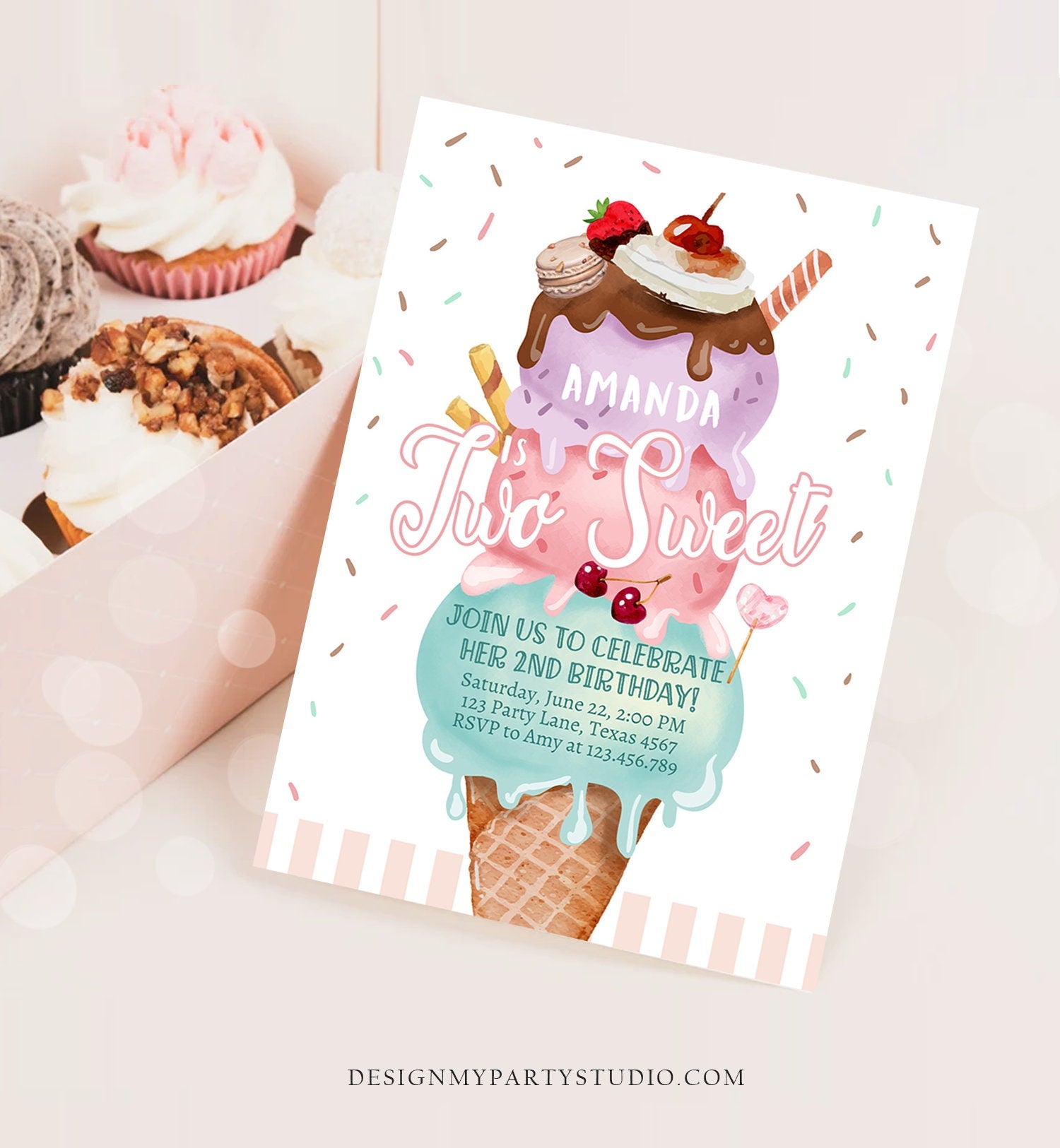 Editable Ice Cream Birthday Invitation Ice Cream Party Two Sweet Modern 2nd Birthday Party Second Download Printable Template Corjl 0392