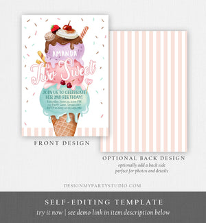 Editable Ice Cream Birthday Invitation Ice Cream Party Two Sweet Modern 2nd Birthday Party Second Download Printable Template Corjl 0392