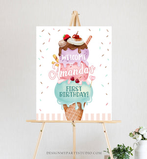 Editable Ice Cream Party Welcome Sign Ice Cream Birthday Welcome Scoop Girl Pink Purple Two Sweet Cream Shop Template PRINTABLE Corjl 0392