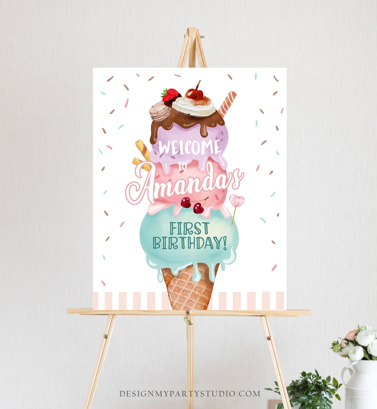 Editable Ice Cream Party Welcome Sign Ice Cream Birthday Welcome Scoop Girl Pink Purple Two Sweet Cream Shop Digital Template Printable 0392