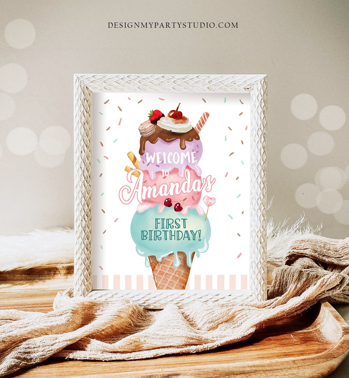 Editable Ice Cream Party Welcome Sign Ice Cream Birthday Welcome Scoop Girl Pink Purple Two Sweet Cream Shop Digital Template Printable 0392