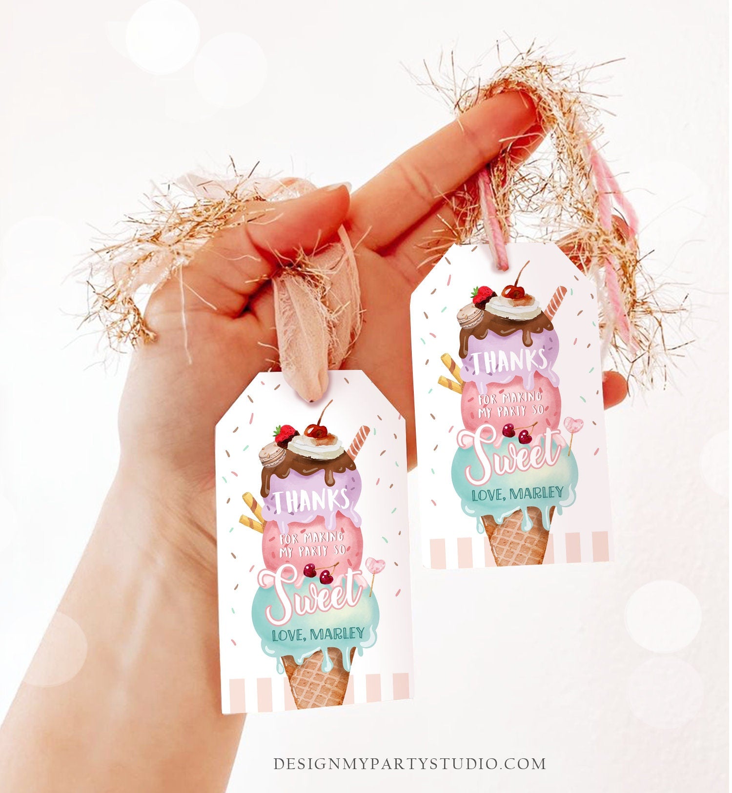 Editable Ice Cream Favor Thank You Tags Ice Cream Birthday Party Girl Pink Purple Gift Goodie Bag Scoop Digital Template Printable 0392