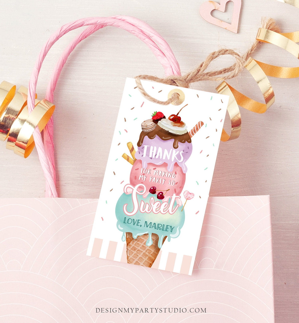 Editable Ice Cream Favor Thank You Tags Ice Cream Birthday Party Girl Pink Purple Gift Goodie Bag Scoop Digital Template Printable 0392