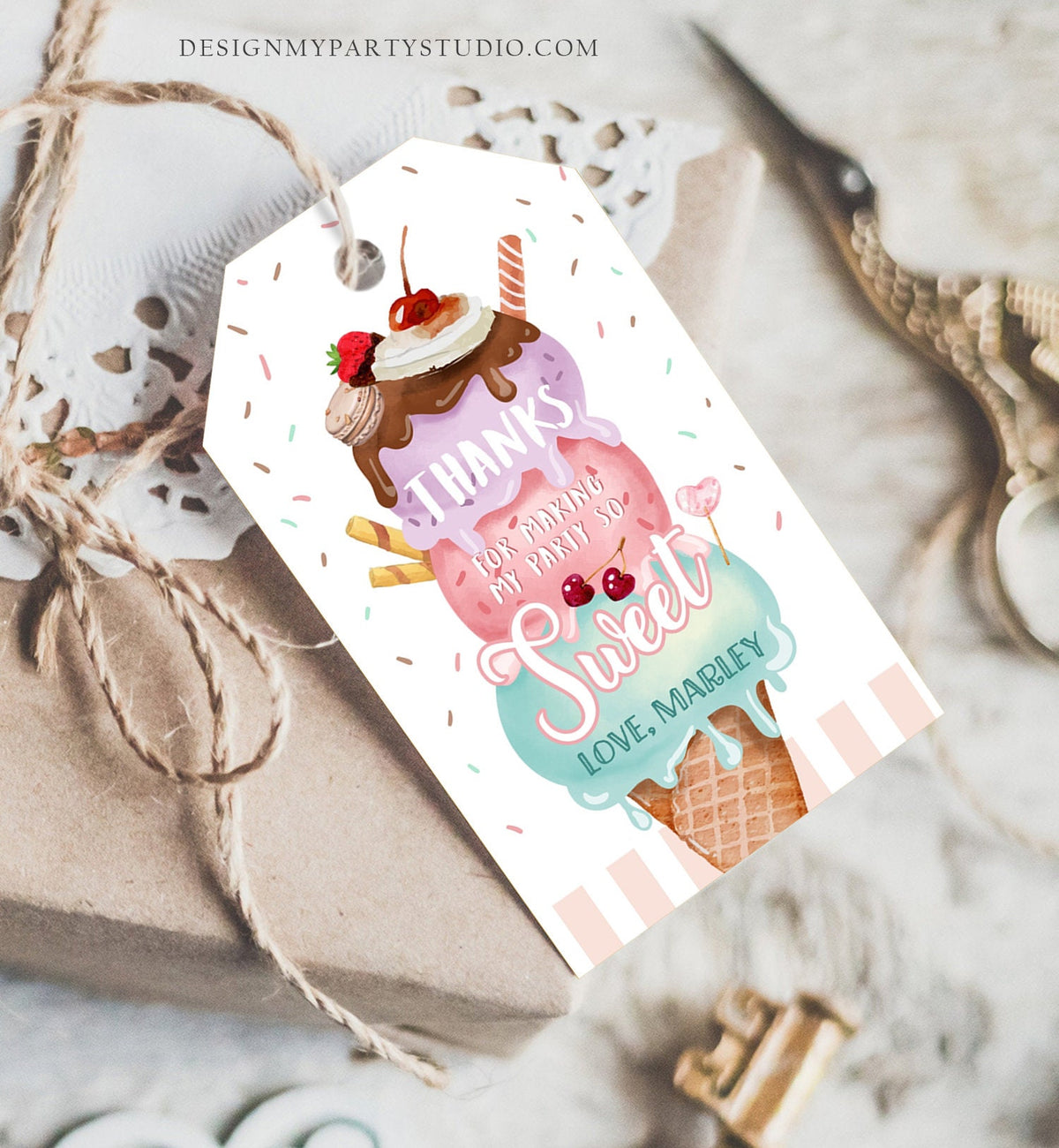 Editable Ice Cream Favor Thank You Tags Ice Cream Birthday Party Girl Pink Purple Gift Goodie Bag Scoop Digital Template Printable 0392