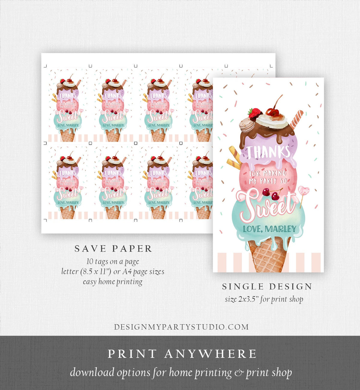 Editable Ice Cream Favor Thank You Tags Ice Cream Birthday Party Girl Pink Purple Gift Goodie Bag Scoop Digital Template Printable 0392