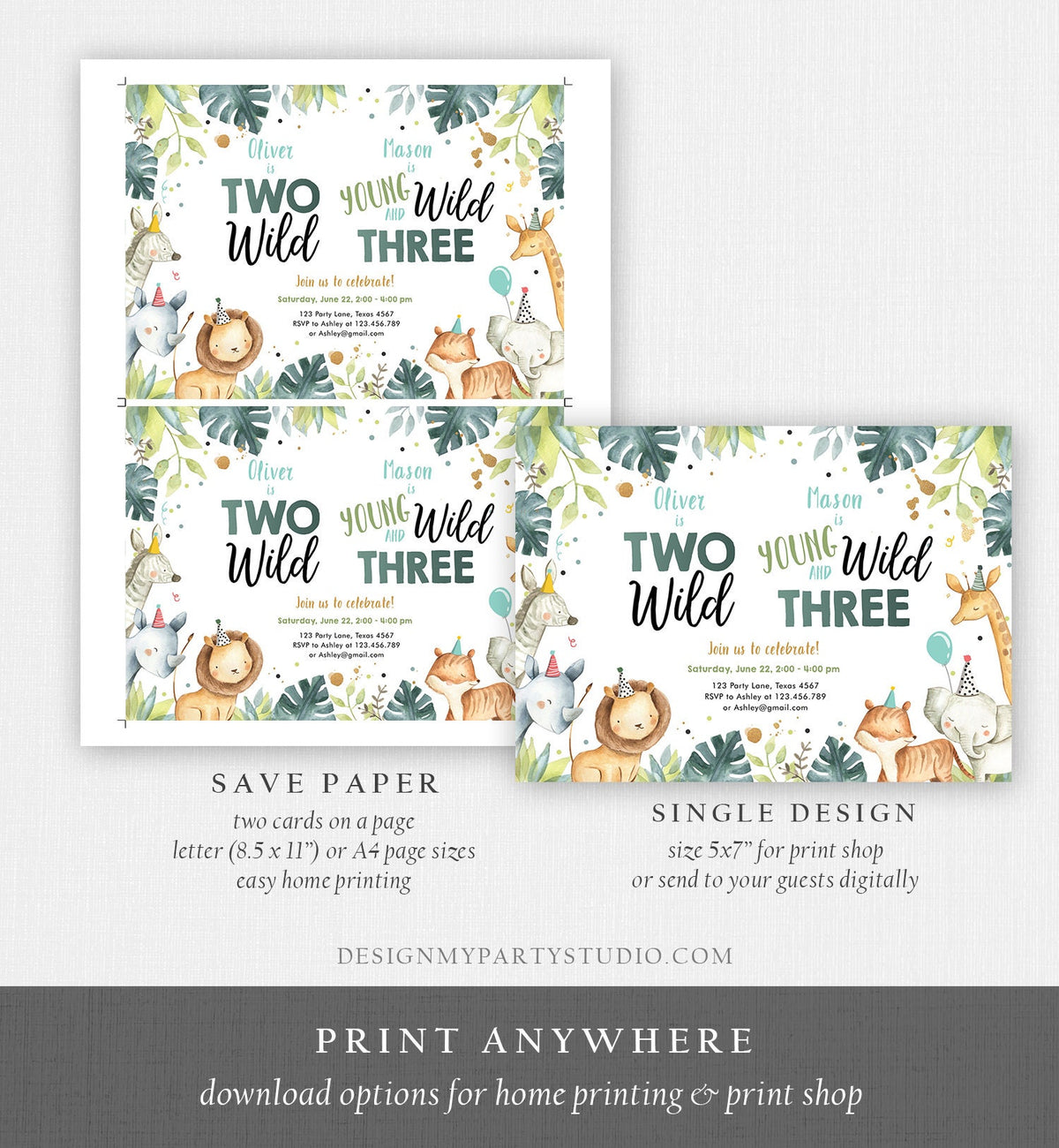 Editable Safari Animals Joint Birthday Invitation Boys Two Wild and Three Combined Zoo 2nd 3rd Second Third Template Digital Corjl 0163