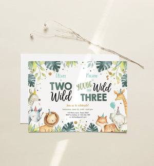Editable Safari Animals Joint Birthday Invitation Boys Two Wild and Three Combined Zoo 2nd 3rd Second Third Template Digital Corjl 0163