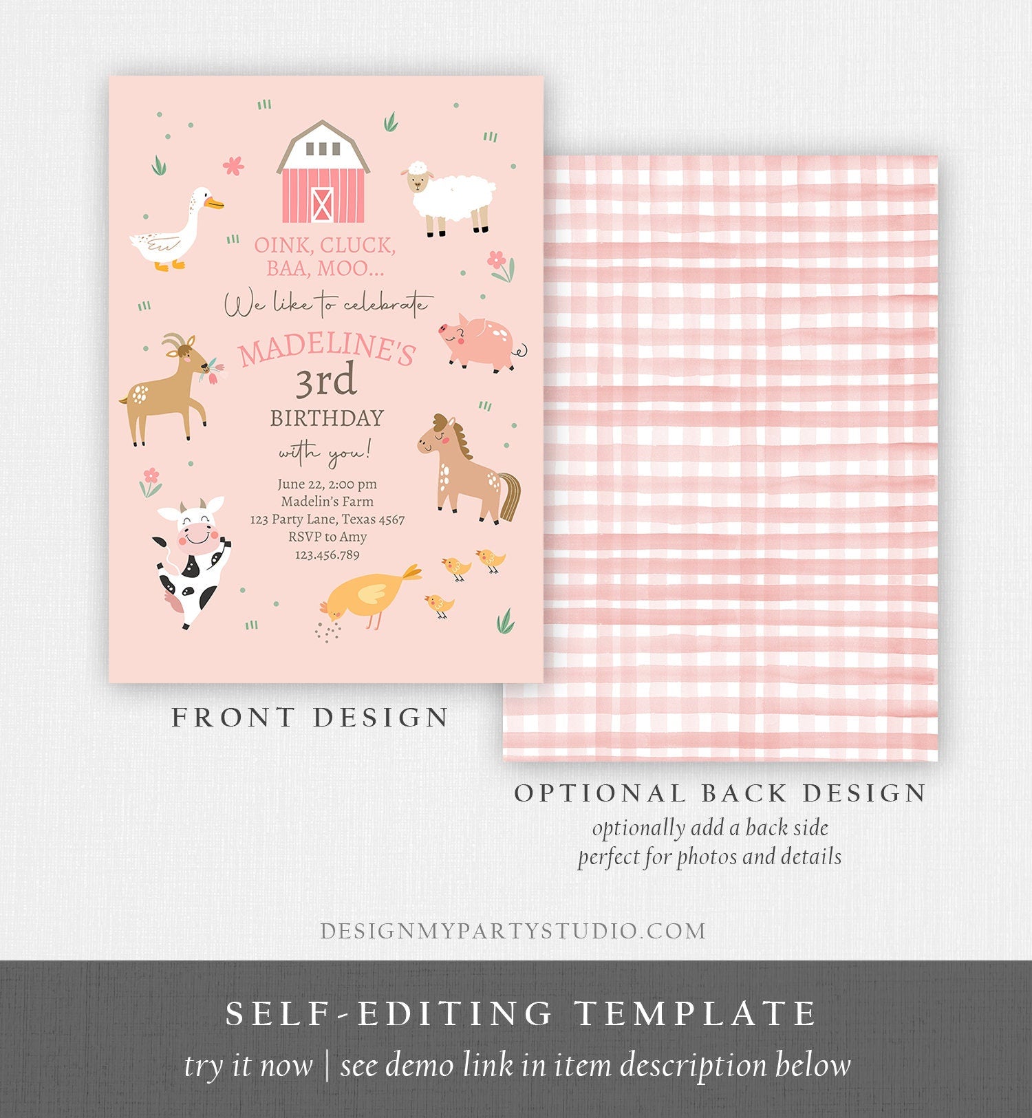 Editable Farm Birthday Invitation Girl Farm Animals Pink Barnyard Party Modern Pastel Download Printable Invite Template Digital Corjl 0436