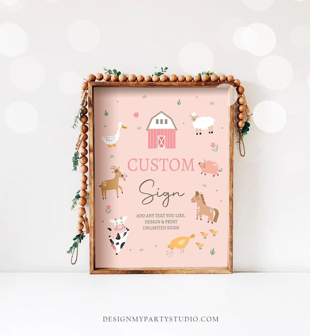 Editable Custom Sign Farm Animals Sign Pink Barnyard Birthday Decorations Girl Cow Pig Table Sign Digital Download Template Printable 0436