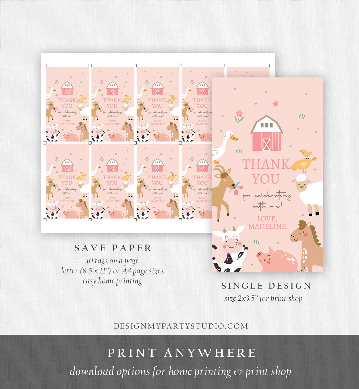 Editable Farm Animals Favor Tag Pink Farm Birthday Thank You Barnyard Gift Girl Party Animals Old McDonald Digital Template Printable 0436