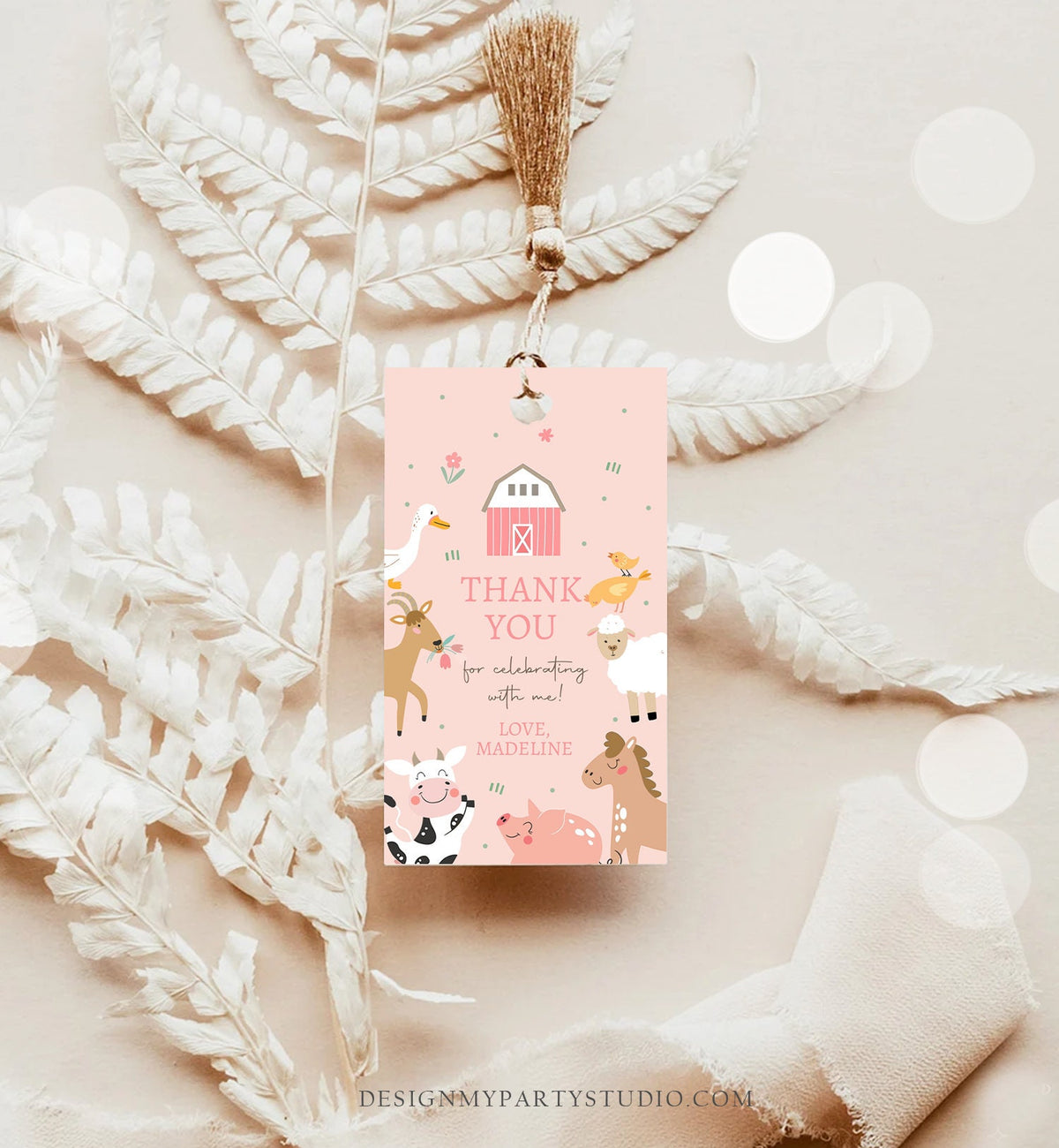 Editable Farm Animals Favor Tag Pink Farm Birthday Thank You Barnyard Gift Girl Party Animals Old McDonald Digital Template Printable 0436