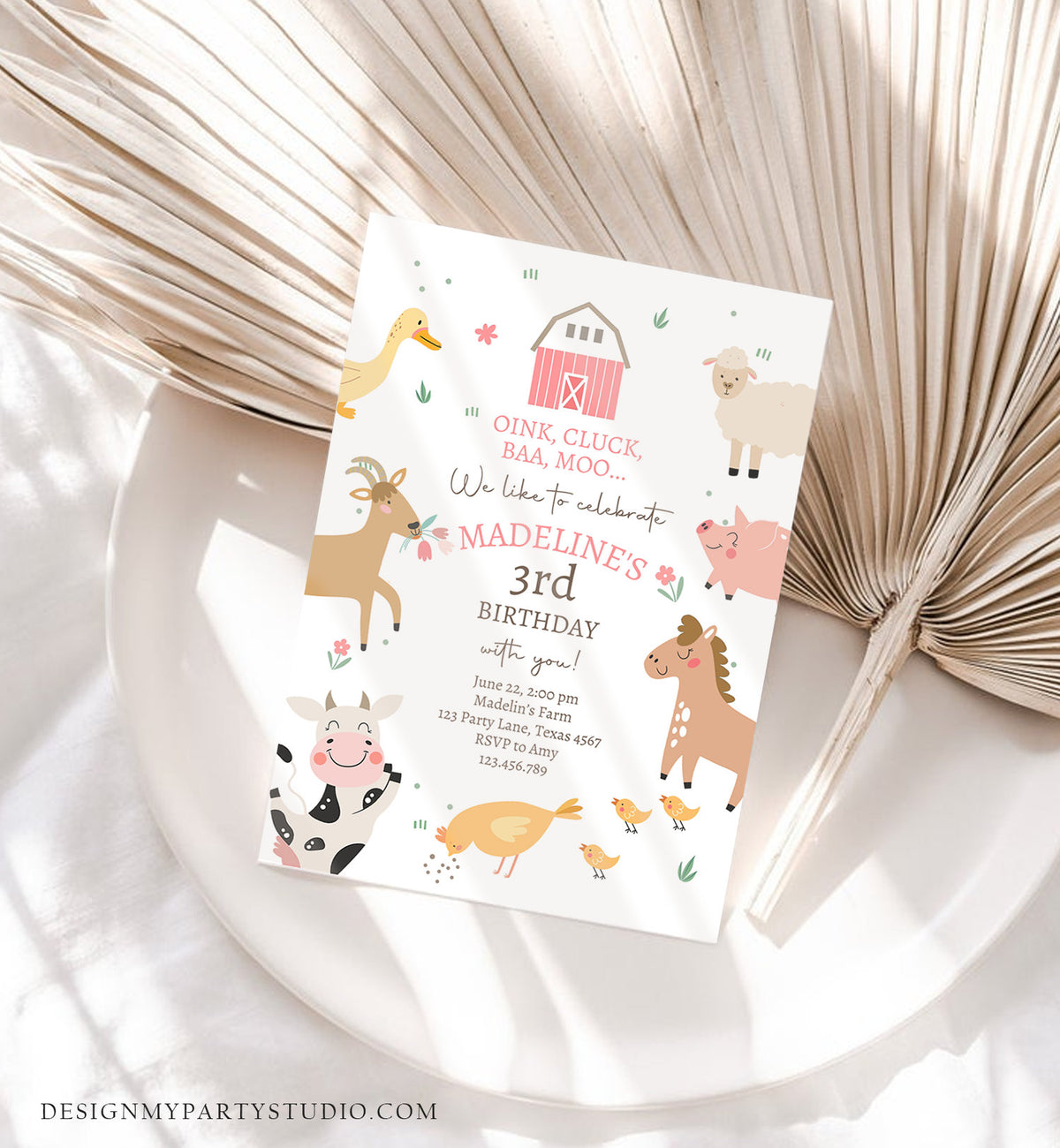 Editable Farm Birthday Invitation Girl Farm Animals Pink Barnyard Party Modern Pastel Download Printable Invite Template Digital Corjl 0436