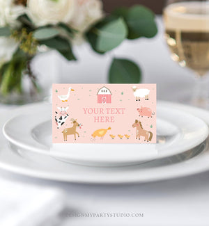 Editable Farm Animals Food Labels Barnyard Birthday Food Cards Tent Card Girl Pink Farm Cow Buffet Label Tent Card Template Corjl 0436