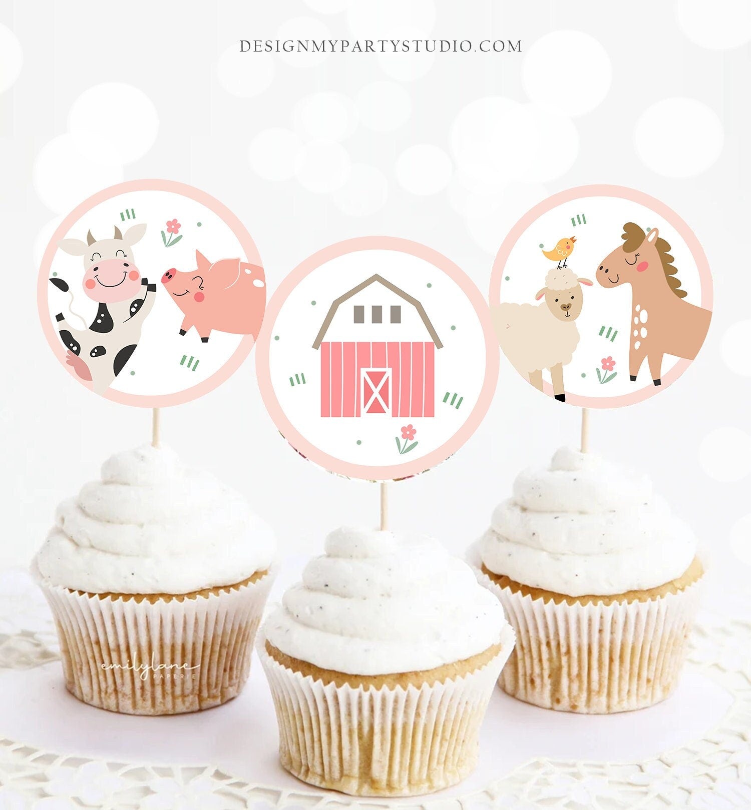 Pink Farm Birthday Cupcake Toppers Favor Tags Barnyard Birthday Party Decor Girl Farm Animals Sticker Modern Digital Download Printable 0436