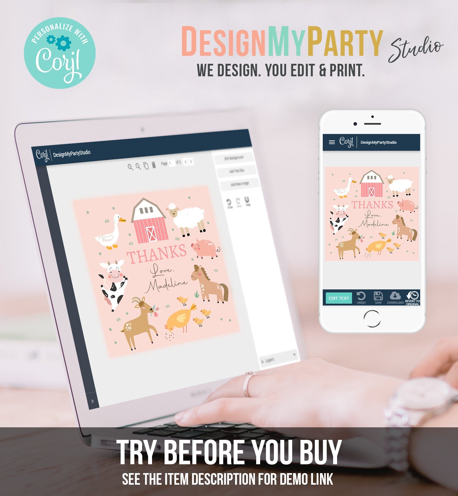 Editable Pink Farm Animals Thank you Tags Girl Birthday Barnyard Stickers Farm Birthday Decor Pink Favor Tags Cow Pig Template Corjl 0436