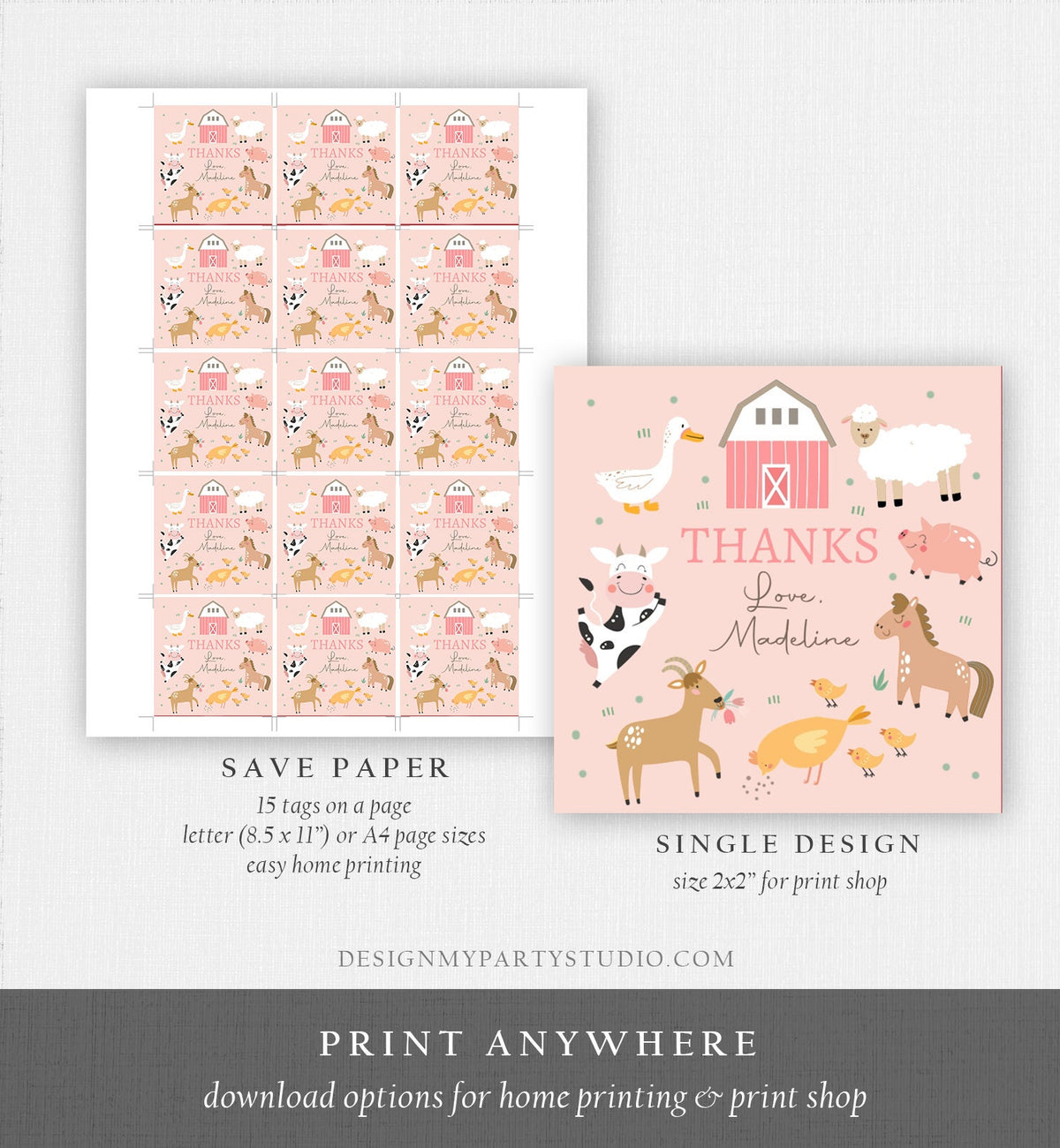 Editable Pink Farm Animals Thank you Tags Girl Birthday Barnyard Stickers Farm Birthday Decor Pink Favor Tags Cow Pig Template Corjl 0436