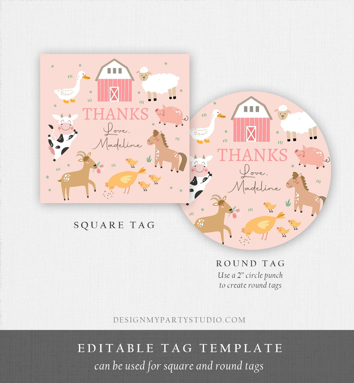 Editable Pink Farm Animals Thank you Tags Girl Birthday Barnyard Stickers Farm Birthday Decor Pink Favor Tags Cow Pig Template Corjl 0436