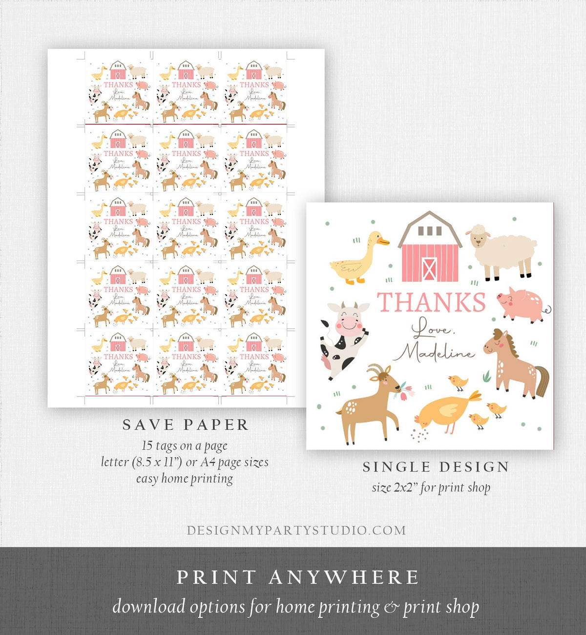 Editable Pink Farm Animals Thank You Favor Tag Girl Birthday Barnyard Stickers Decor Pink Favor Cow Pig Digital Template Printable 0436