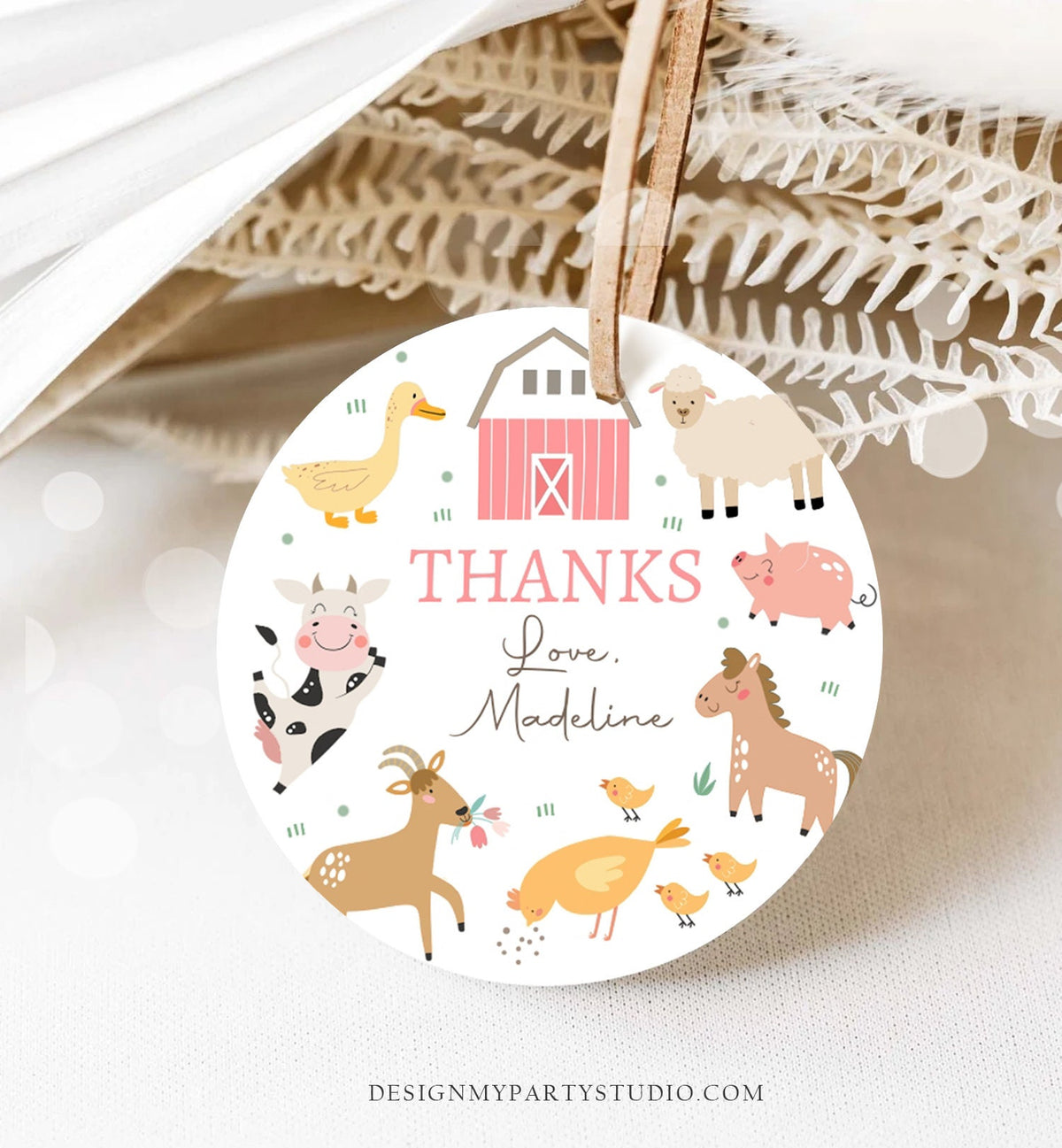 Editable Pink Farm Animals Thank You Favor Tag Girl Birthday Barnyard Stickers Decor Pink Favor Cow Pig Digital Template Printable 0436