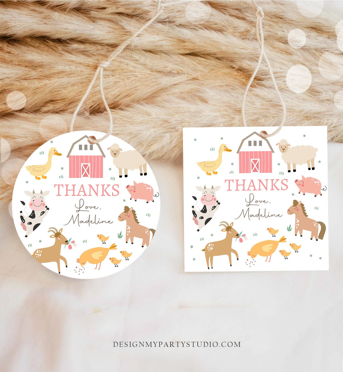 Editable Pink Farm Animals Thank You Favor Tag Girl Birthday Barnyard Stickers Decor Pink Favor Cow Pig Digital Template Printable 0436