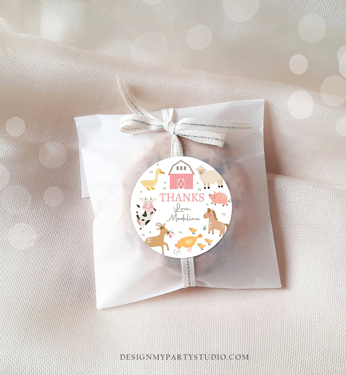 Editable Pink Farm Animals Thank You Favor Tag Girl Birthday Barnyard Stickers Decor Pink Favor Cow Pig Digital Template Printable 0436