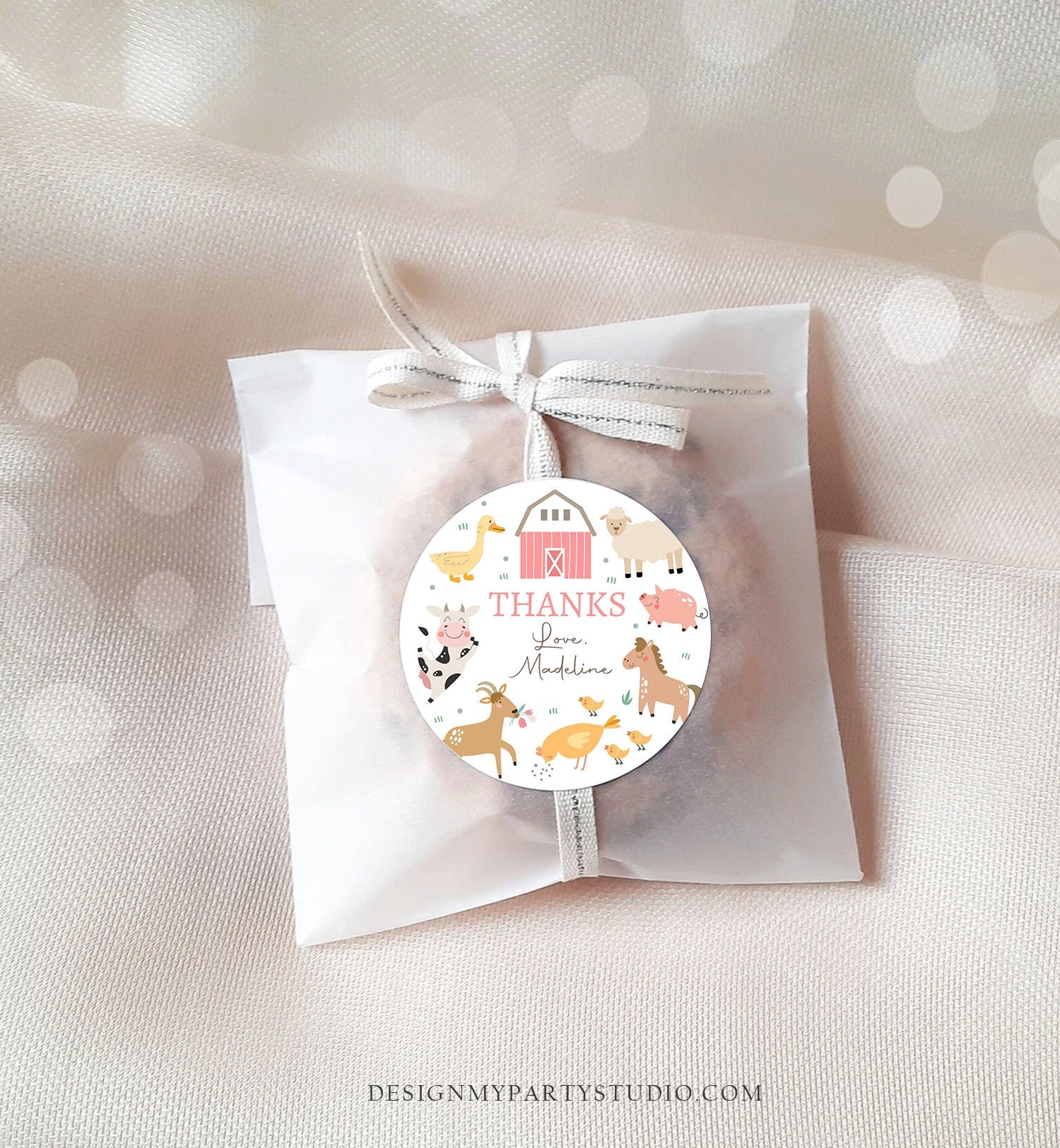 Editable Pink Farm Animals Thank You Favor Tag Girl Birthday Barnyard Stickers Decor Pink Favor Cow Pig Digital Template Printable 0436