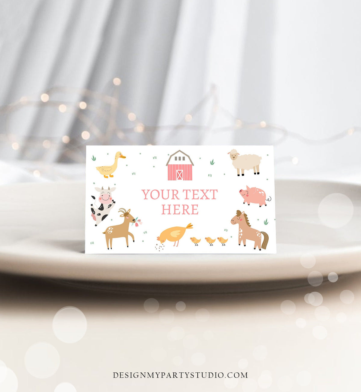 Editable Farm Animals Food Labels Barnyard Birthday Food Card Tent Card Girl Pink Farm Buffet Label Card Digital Template Printable 0436
