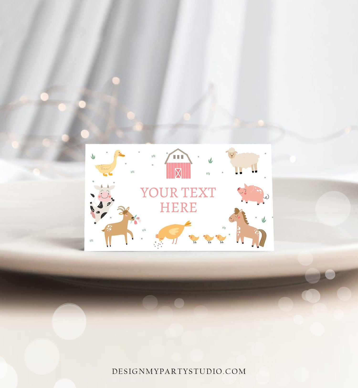 Editable Farm Animals Food Labels Barnyard Birthday Food Card Tent Card Girl Pink Farm Buffet Label Card Digital Template Printable 0436