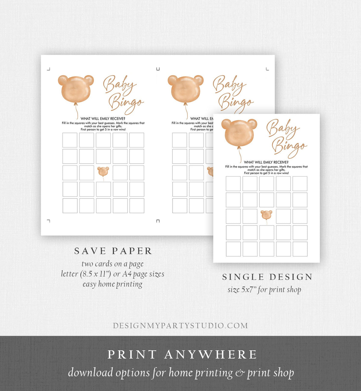 Editable Baby Bingo Game Baby Shower Game Modern Bear Cute Teddy Bear Baby Shower Boho Bearly Wait Activity Digital Template Printable 0439
