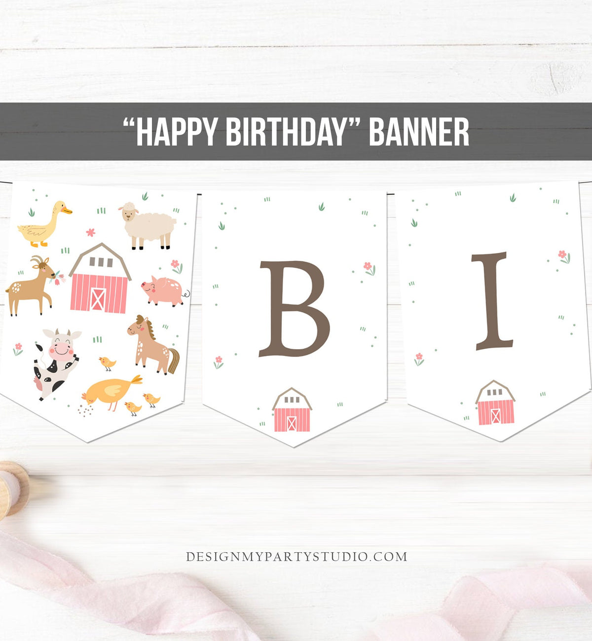 Happy Birthday Banner Pink Farm Birthday Banner Farm Animals Girl Barnyard Birthday Decorations Instant Digital Download Printable 0436