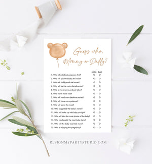 Editable Guess Who Baby Shower Game Modern Bear Cute Teddy Bear Baby Shower Boho Bearly Wait Mommy or Daddy Corjl Template Printable 0439