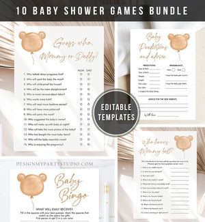 Editable Teddy Bear Baby Shower Games Bundle Bearly Wait Baby Shower Activity Gender Neutral Boho Download Printable Corjl Template 0439
