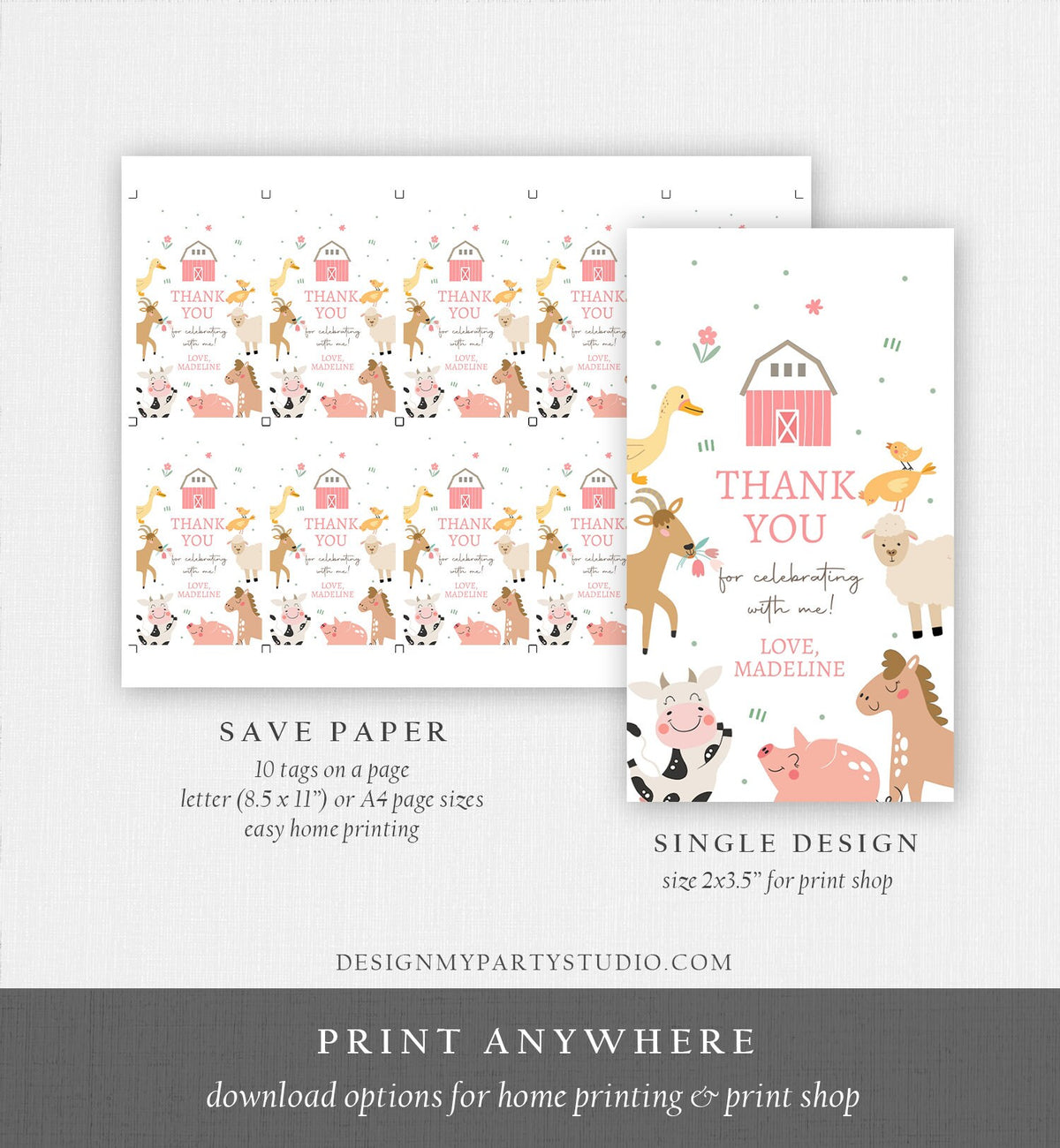 Editable Farm Favor Tags Tags Pink Farm Birthday Thank you tags Barnyard Gift Tags Girl Birthday Digital Download Template Printable 0436