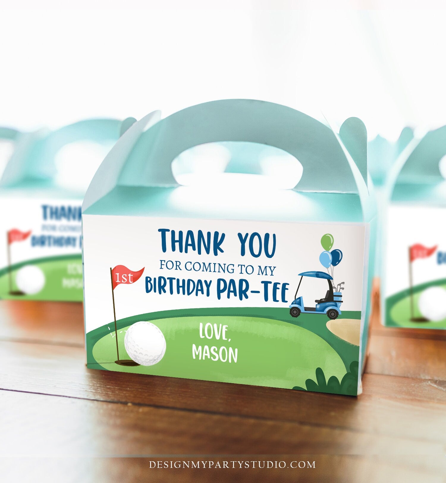 Editable Hole in One Birthday Party Gable Box Favor Label Golf Gift Box Labels Par-tee Boy Golfing 1st Blue Download Printable Corjl 0405