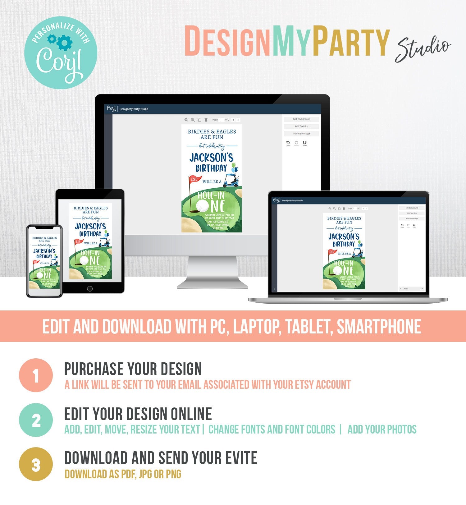 Editable Hole in One Birthday Evite Golf First Birthday Par-tee Golf Invite Boy Golf Download Electronic Phone Digital Evite Template 0405