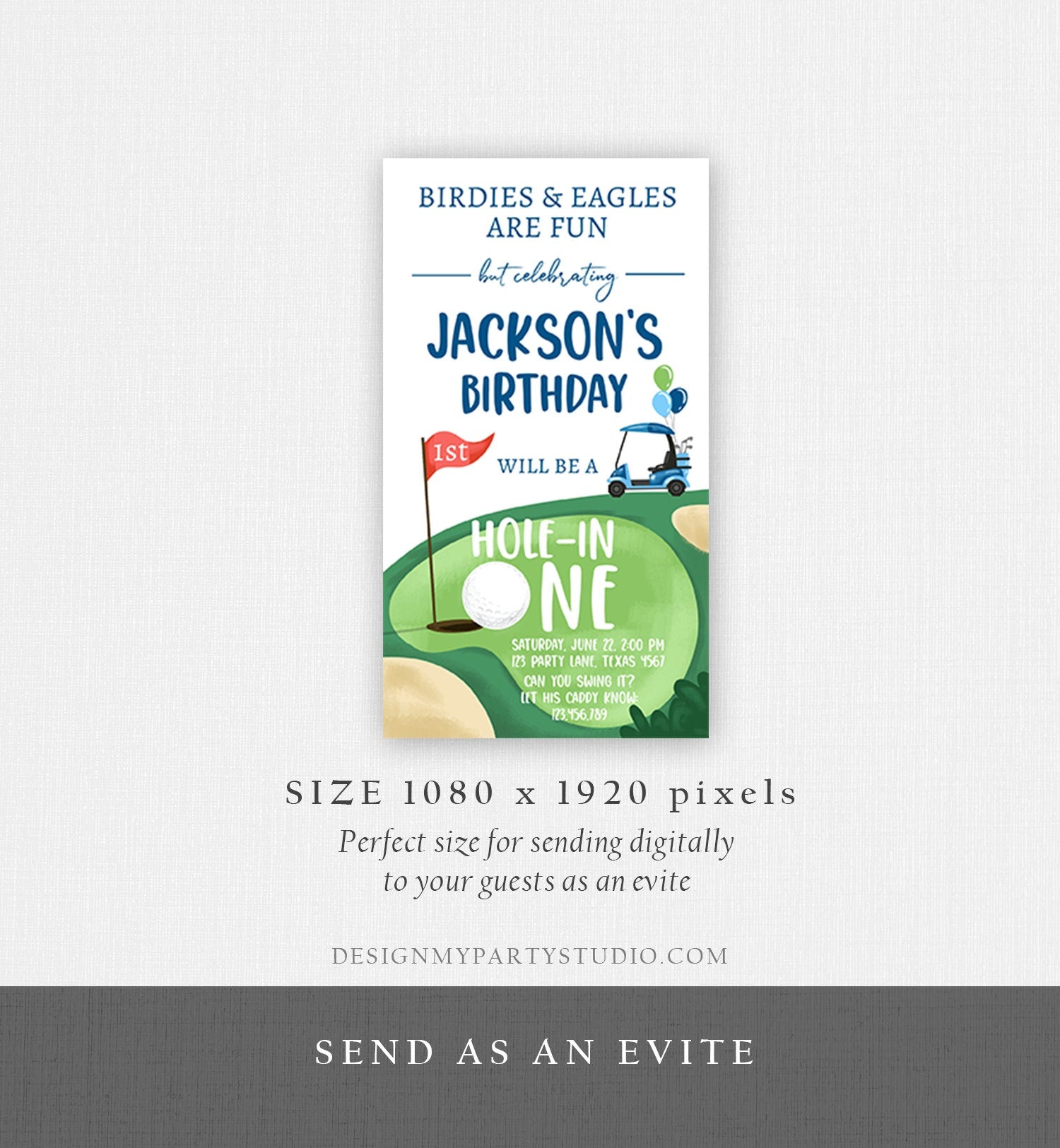 Editable Hole in One Birthday Evite Golf First Birthday Par-tee Golf Invite Boy Golf Download Electronic Phone Digital Evite Template 0405