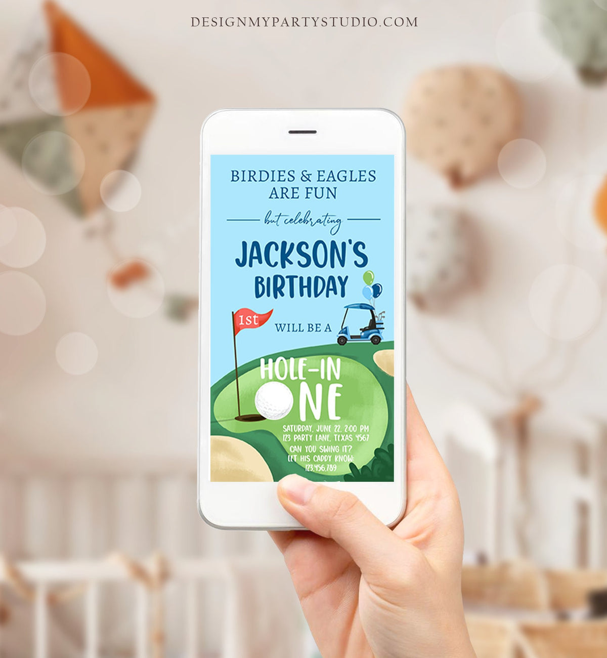 Editable Hole in One Birthday Evite Golf First Birthday Par-tee Golf Invitation Boy Golf Electronic Phone Digital Download Template 0405